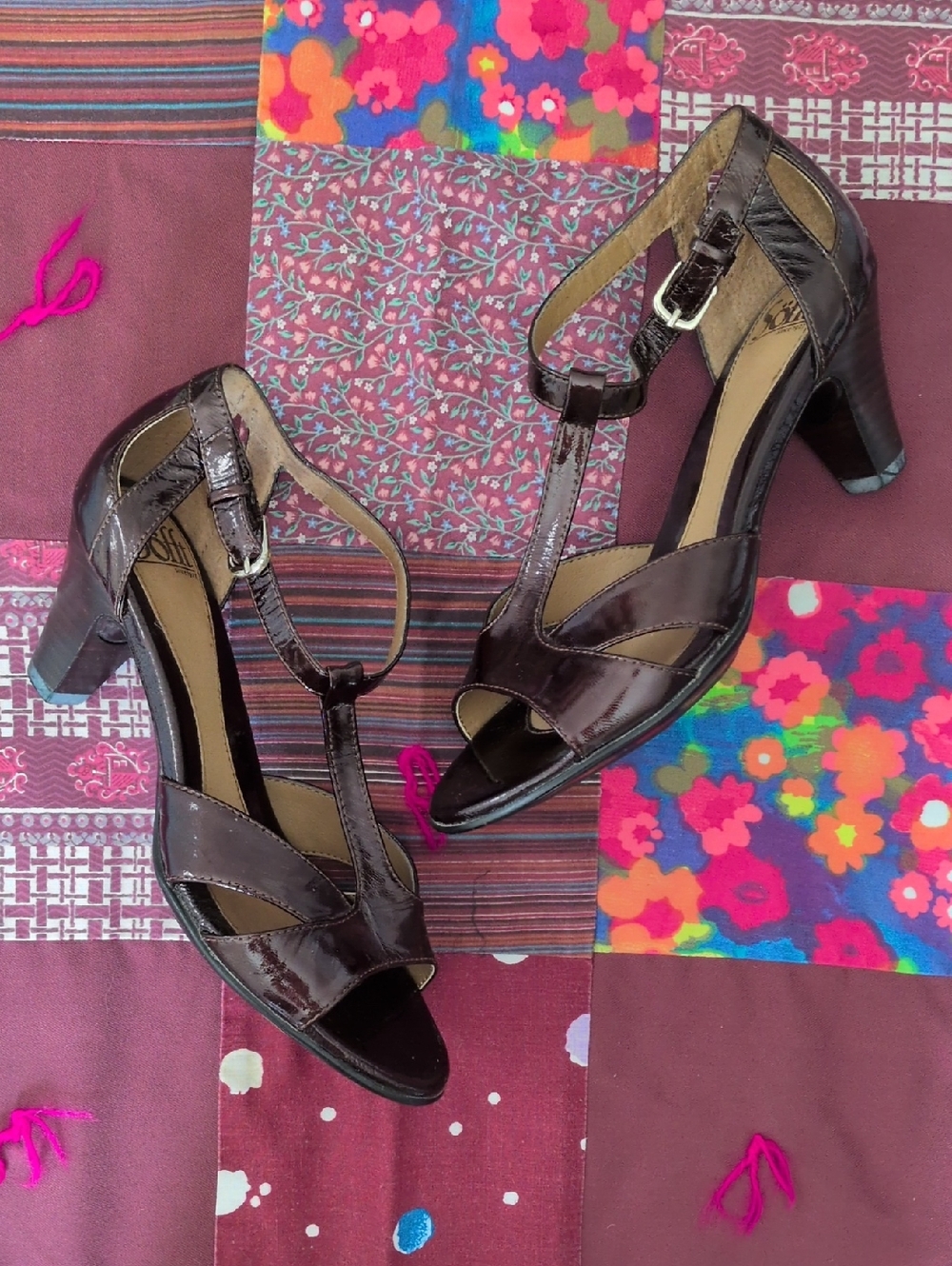 Sofft Dark Brown Patent Leather T-Strap Heels